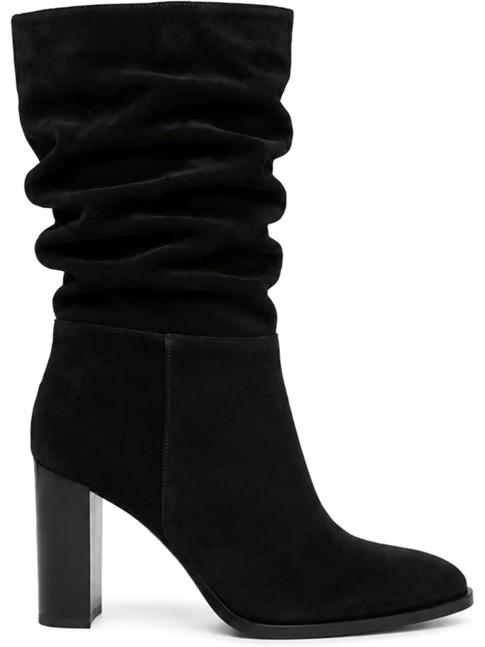 Women's Black Suede Mid Calf Slouch Pointed Toe High Heel Side Zipper Boots - Picture 1 of 6
